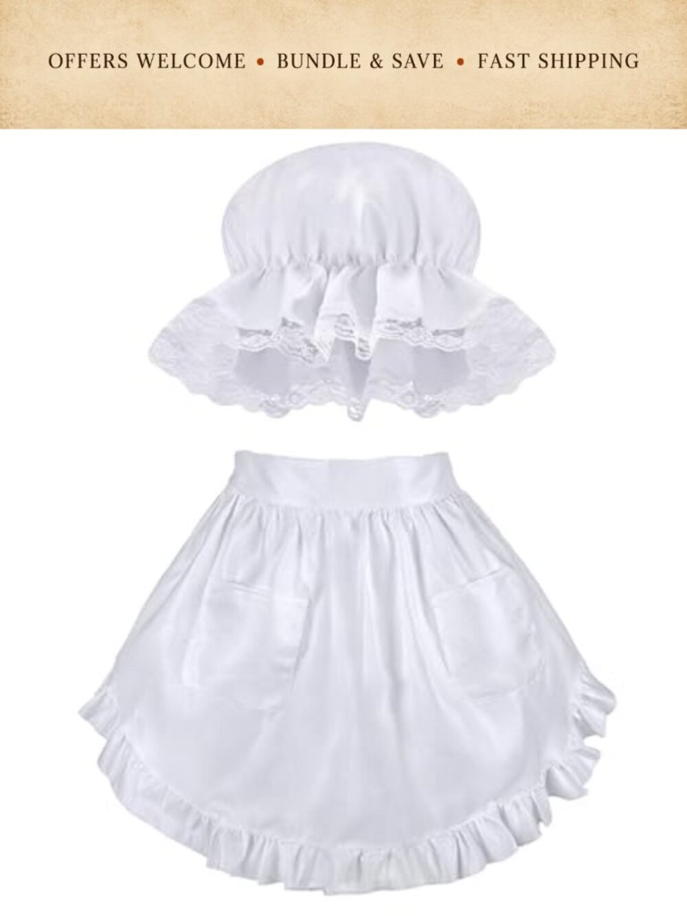 Colonial Costume Set Mob Cap Bonnet Waist Apron Polyester Renaissance Cosplay